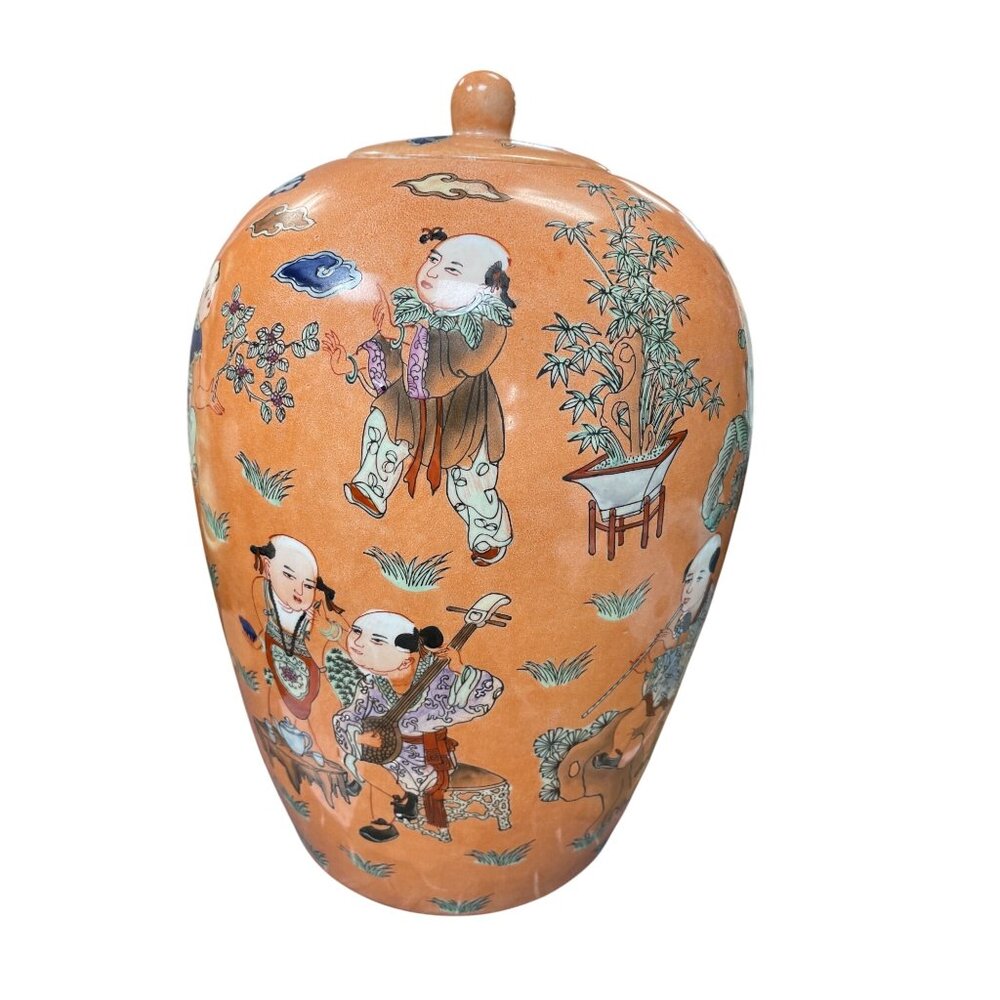 Vintage Chinese Large Peach Porcelin lidded boys play Macau Chinoserie SKU 9736 - Picture 13 of 13